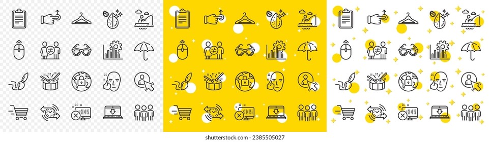 Outline Drag drop, User and Lock line icons pack for web with Internet downloading, Drums, Dirty water line icon. Group, Timer, Healthy face pictogram icon. Delivery shopping, Umbrella. Vector
