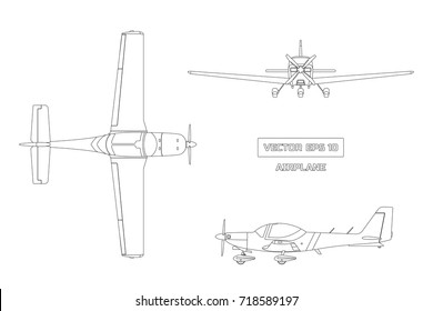 Outline Drawing Of Airplane On White Background. Fast Sport Aircraft. Industrial Drawing Of Plane. Top, Front And Side View. Vector Illustration