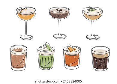 Outline drawing of alcoholic cocktail drinks isolated on white background. Espresso martini, negroni, thai basil, elderflower rosemary, bourbon sour, irish coffee, kaffe karlsson