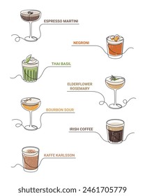 Outline drawing of alcoholic cocktail drinks isolated on white background. Espresso martini, negroni, thai basil, elderflower rosemary, bourbon sour, irish coffee, kaffe karlsson. Vector illustration