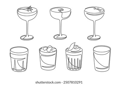 Outline drawing of alcoholic cocktail drinks isolated on white background. Thin line cocktail glasses. Vector illustration