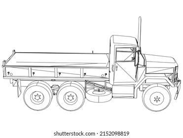 Outline drawing of army truck on white background. Vector Military machine. Military vehicle logotype.