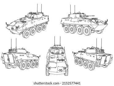 Outline drawing of army truck on white background. Vector Military machine. Military vehicle logotype.