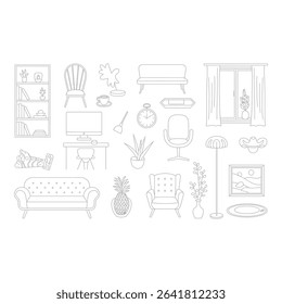 Outline drawing of assorted furniture and home decor items isolated on white