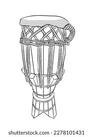 Outline drawing of atabaque made of wood, rope and leather. This is a drum used in the sport called capoeira. Vector illustration isolated on white background.