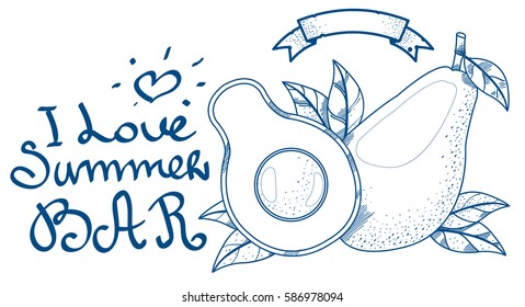 Outline drawing of avocado and lettering. Illustration for coloring.