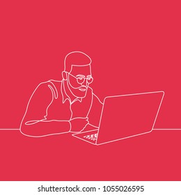 Outline drawing of bearded man in glasses sitting in front of laptop