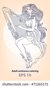 Outline drawing with a beautiful young harpist. Fairy playing the harp. Long-haired woman playing a stringed instrument.