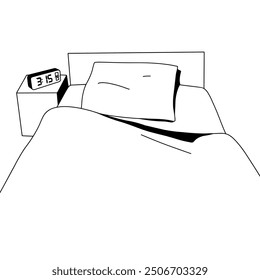 Outline drawing of a bed with a pillow and an alarm clock. Vector illustration