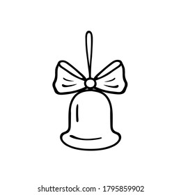 Outline drawing bell with bow. Single isolated element on white background. Vector. 