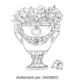 Outline drawing of big antique flowerpot full of white lilies.