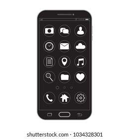 Outline drawing black smartphone. Elegant thin line style design. Vector smartphone with UI icons.