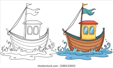 Outline drawing of a boat, fishing boat, or speed boat, from the side and front view. Vector doodle illustration, design for coloring book or print