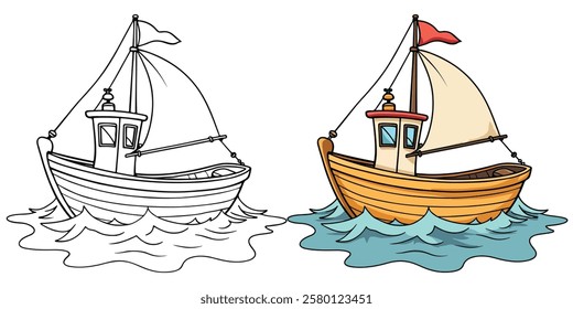 Outline drawing of a boat, fishing boat, or speed boat, from the side and front view. Vector doodle illustration, design for coloring book or print