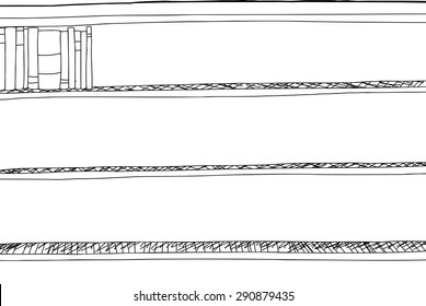 Outline drawing of books in corner of shelf