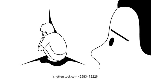 Outline drawing of a boy in corner for time-out at home with mother, mental health kids concept.