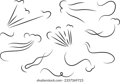 Outline drawing of a breath of wind.Wind blow  set in line style.Wave flowing illustration with hand drawn doodle cartoon style.