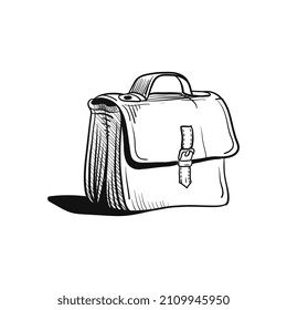 Outline drawing of a briefcase with a handle and a clasp. Vector illustration.