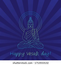outline drawing of a Buddha on a background of blue rays. the inscription happy Vesak day. stock vector illustration. EPS 10.