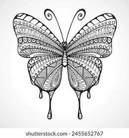 Outline drawing of butterflies. Vector sketch with patterns. Antistress