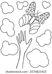 Outline Drawing of a Butterfly and a Hand With Clouds Around Coloring page. Simple and illustrative black and white outline drawing showing a hand reaching toward a butterfly amidst clouds. 