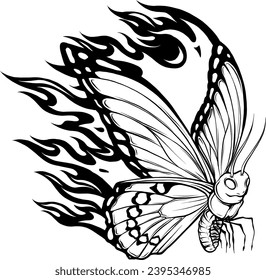 Dibujo de esquema de mariposa. Ilustración vectorial. Línea negra. Alas con un patrón.