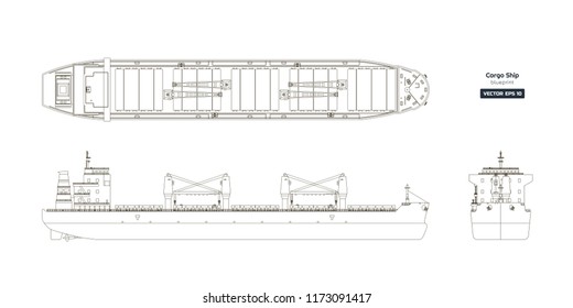 Outline drawing of cargo ship on a white background. Top, side and front view of tanker. Container boat blueprint. Vector illustration svg