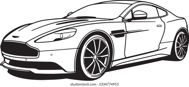 Outline drawing of a cartoon Aston Martin car, sport car from side and front view. Vector doodle illustration, design for coloring book or print, race vehicle