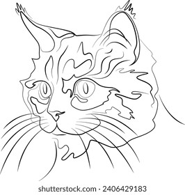 Dibujo esquemático del bozal de un gato, ilustración. Gato dibujado con líneas, dibujando para tatuarse. Una mascota