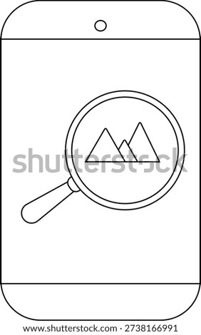Outline drawing of a cell phone screen displaying an image of mountains through a magnifying glass