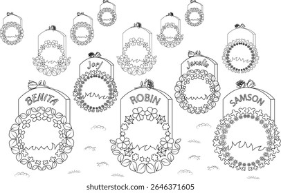 Outline drawing of cemetery headstones with decorative wreaths and names, ideal for commemorative designs and honoring service members.