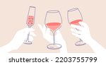 Outline drawing, cheers. Women’s hand holding glass of white, red and sparkling wine. Flat illustration for greeting cards, postcards, invitations, menu design. Line art template