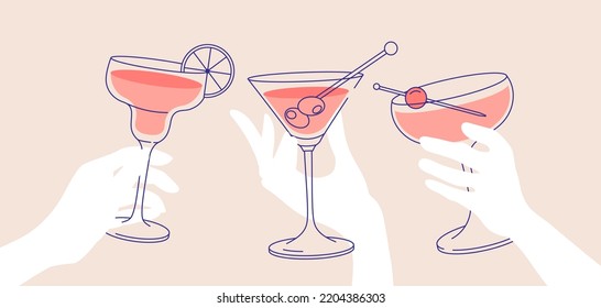 Outline drawing, cheers. Women’s hands holding glasses of margaritas and martini. Flat illustration for greeting cards, postcards, invitations, menu design. Line art template