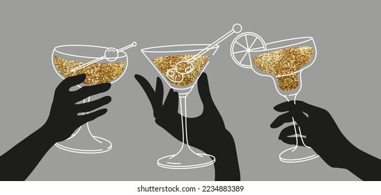 Outline drawing, cheers. Women’s hands holding glasses of margaritas and martini. Flat illustration for greeting cards, postcards, invitations, menu design. Line art template