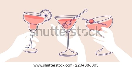 Outline drawing, cheers. Women’s hands holding glasses of margaritas and martini. Flat illustration for greeting cards, postcards, invitations, menu design. Line art template Imagine de stoc © 