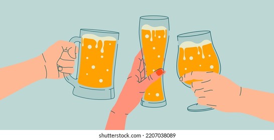 Umrisszeichnung, Beifall. Händen von Frauen und Männern, die ein Glas Bier halten. Flache Illustration für Grußkarten, Postkarten, Einladungen, Menüdesign. Zeilenvorlage