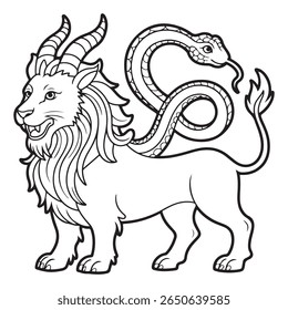 Um esboço de desenho de uma quimera, com um corpo de leão, chifres de cabra e uma cauda de cobra. É uma criatura mítica com um estilo de design vintage.