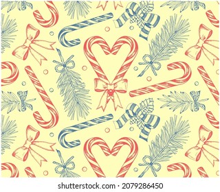 Outline drawing Christmas pattern with blue and pink candy cane, mistletoe, fir, cane, bow, ribbon, lollipop isolated on yellow background. Sketch hand drawn New Year wallpaper. Vector illustration.