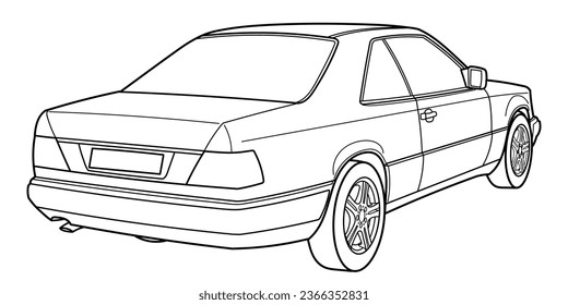 Dibujo de esquema de un coche de lujo clásico de los años 90 desde la vista lateral y trasera. Estilo clásico-moderno. Ilustración del doodle del contorno del vector. Diseño para impresión o libro de colores.	
