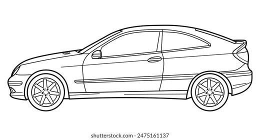 Outline drawing of a classic executive busines sport car, coupe sedane car from side view. Vector doodle illustration