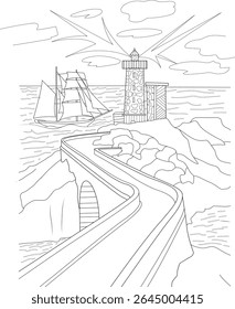Desenho de contorno de um veleiro clássico e um farol de pedra em uma costa rochosa com um caminho sinuoso; perfeito para coloração.