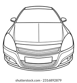Outline drawing of a classic sedan car wide angle side and front view. Vector doodle illustration, design for coloring book or print