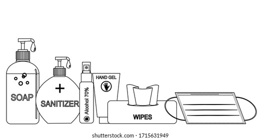 Outline drawing of cleaning items to protect yourself from viruses and illness. They’re soap, sanitizer, alcohol spray, hand gel, wipes and protective mask.