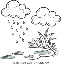 Outline drawing of clouds with falling raindrops, water puddles, and grass, illustrating rain and nature.