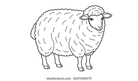 Desenho de contorno para colorir com um caráter de ovelha bonito com uma abundância de casaco de lã macio e macio