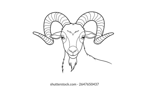 Desenho esquemático para colorir com uma cabra de criação com grandes chifres curvos mostrando detalhes intrincados