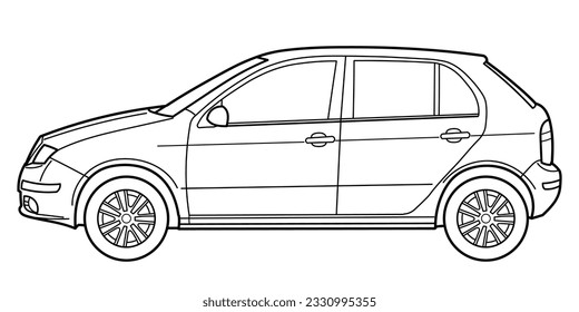 Outline drawing of a compact city hatchback car from side view. Vector outline doodle illustration. Design for print or color book.