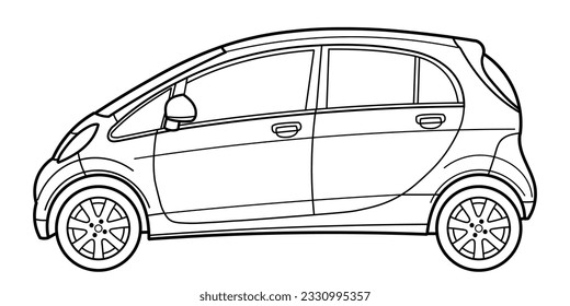 Umrisszeichnung eines kompakten Stadtleitwagens von der Seitenansicht aus. Vektorgrafik-Umriss-Dodle-Illustration. Design für Druck- oder Farbbuch.