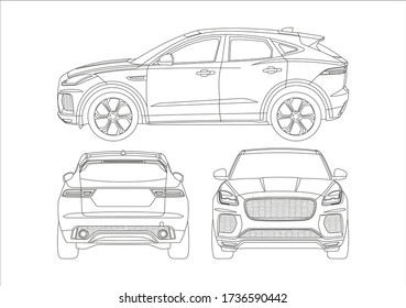 outline drawing of a compact SUV. Jaguar E-Pace.