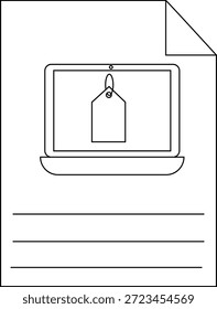 Esquema de la computadora de dibujo con etiqueta de Precio en las líneas de la pantalla debajo de la esquina del papel doblado en la parte superior derecha